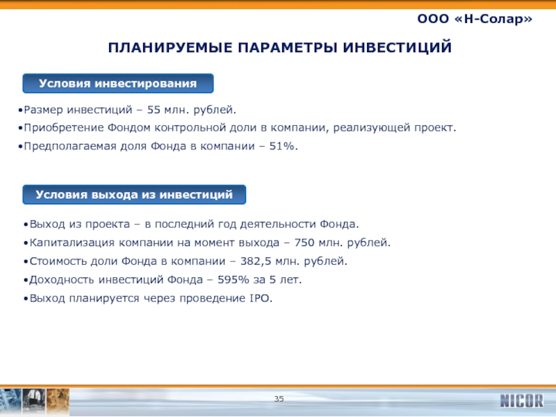 Условия компании. Инвестиции условия. Планируемые параметры проекта. Параметры инвестиций. Размер инвестиций для ООО.