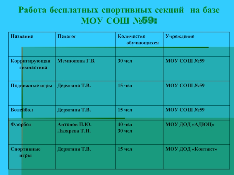 Работа бесплатных спортивных секций на базе МОУ СОШ №59: