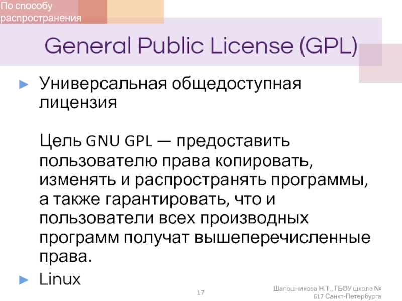 General Public License (GPL) Универсальная общедоступная лицензия   Цель GNU GPL