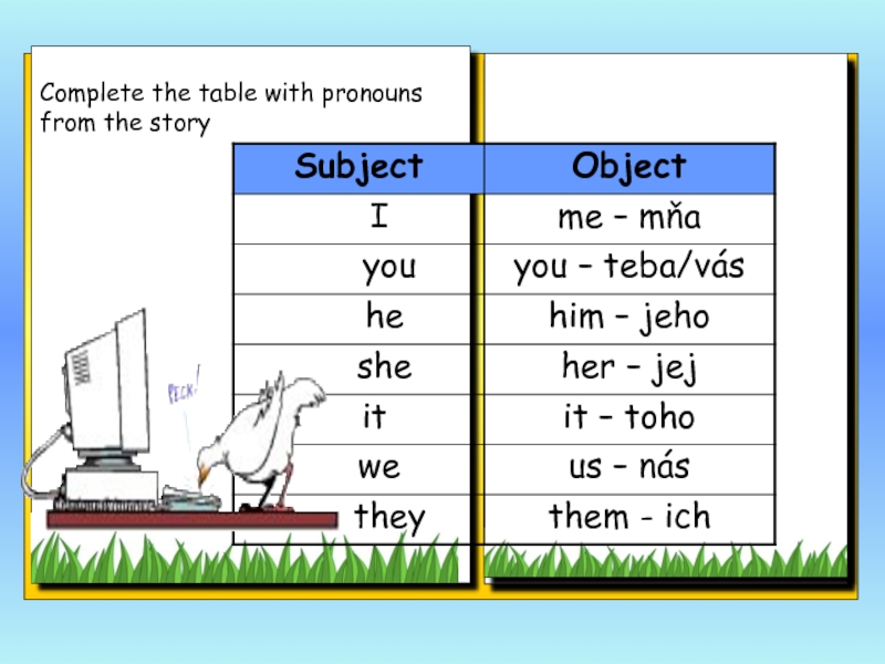 Complete the table with pronouns  from the story