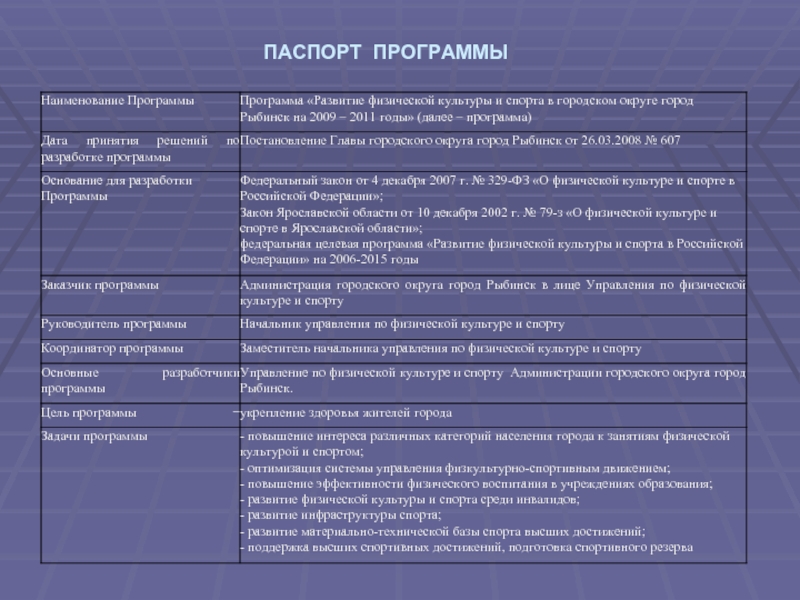 Наименование программы. Паспорт программы. Паспорт программы развития спорта. Паспорт целевой программы доклад. Приложение название города.