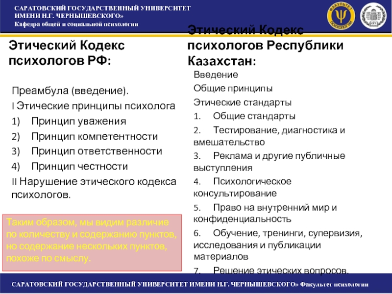 Сходства профессионального и общего образования. Этический кодекс психолога. Анализ этического кодекса. Сравнительный анализ этических кодексов.