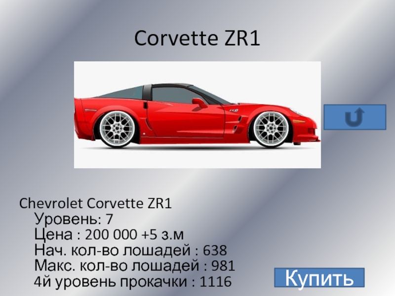 Corvette ZR1 Chevrolet Corvette ZR1 Уровень: 7 Цена : 200 000