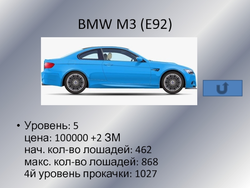 BMW M3 (E92)Уровень: 5 цена: 100000 +2 ЗМ нач. кол-во лошадей: