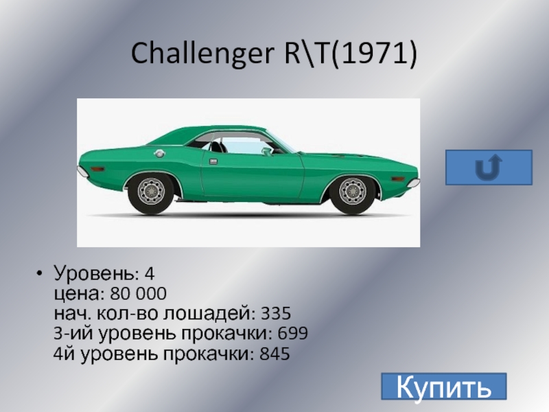 Challenger R\T(1971)Уровень: 4 цена: 80 000 нач. кол-во лошадей: 335 3-ий