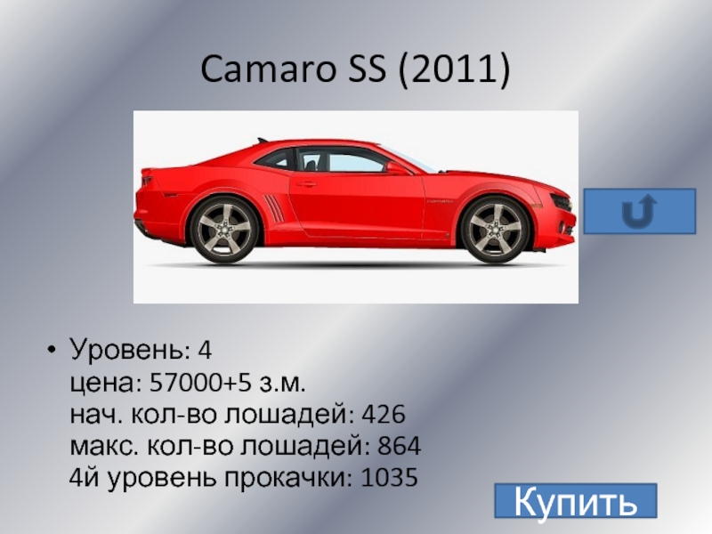 Camaro SS (2011)Уровень: 4 цена: 57000+5 з.м. нач. кол-во лошадей: 426