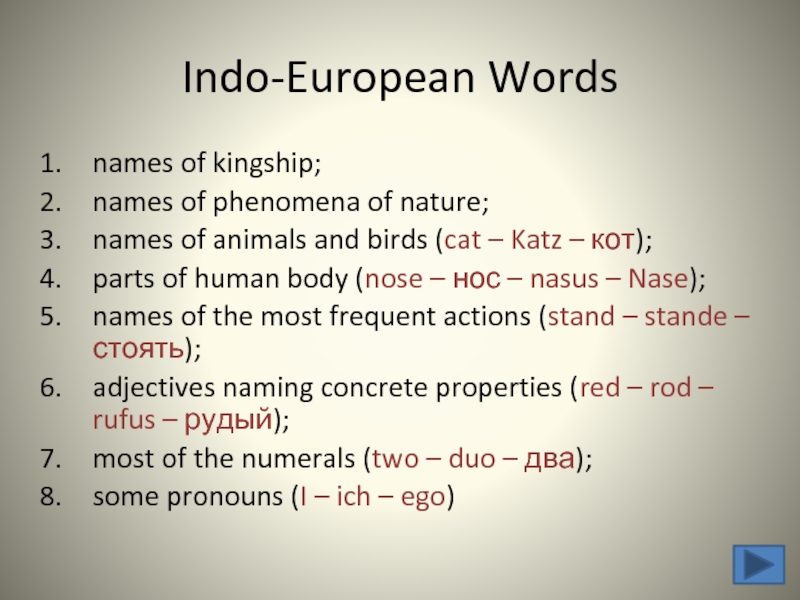 Indo-European Words names of kingship;  names of phenomena of nature; names of animals and birds (cat