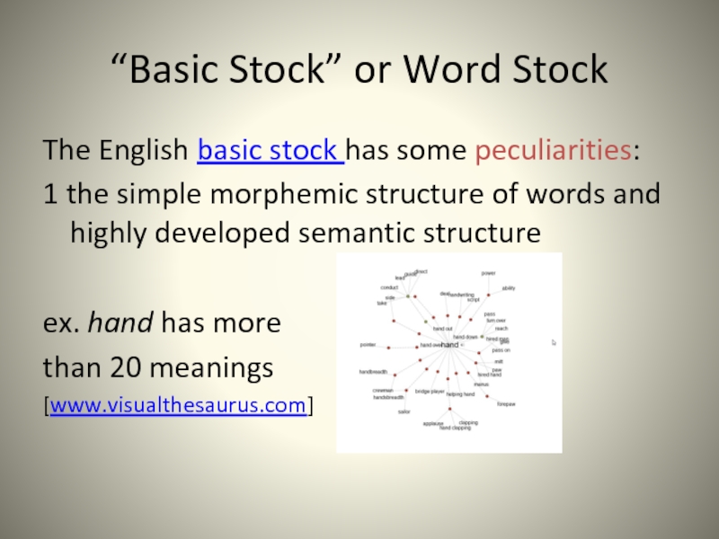 “Basic Stock” or Word Stock The English basic stock has some peculiarities: 1 the simple morphemic structure