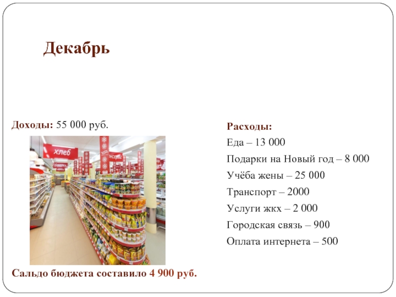 Доходы в декабре. Расходы на декабрь. 4 900 Рублей.