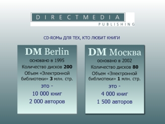 DM Москва     
основано в 2002
Количество дисков 80
Объем Электронной библиотеки 1 млн. стр.
это -  
4 000 книг
1 500 авторов