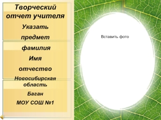 Творческий отчет учителя
Указать
предмет 
 фамилия
Имя
отчество
Новосибирская область 
Баган
МОУ СОШ №1