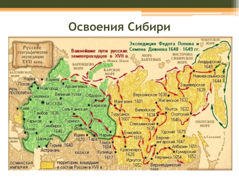 Какую роль в хозяйственном освоении сибири. Россия в 17 веке освоение Сибири карта.