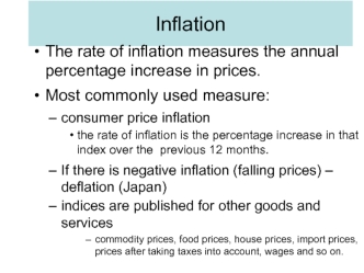 Inflation. The rate of inflation measures the annual percentage increase in prices