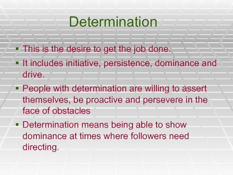 DeterminationThis is the desire to get the job done.It includes initiative, persistence,