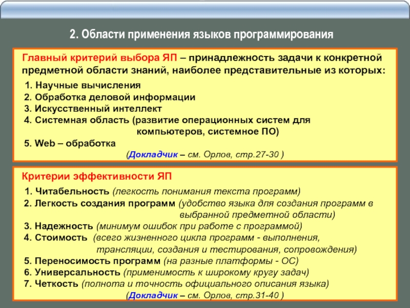 Использование языка. Области применения языков программирования. Сферы использования языков программирования. Основные критерии языков программирования. Обработка деловой информации.