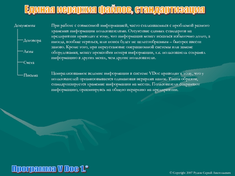 Программа V Doc 1.*© Copyright 2007 Рудюк Сергей АнатольевичЕдиная иерархия файлов, стандартизацияДокументыДоговораАктыСчетаПисьмаПри работе с совместной
