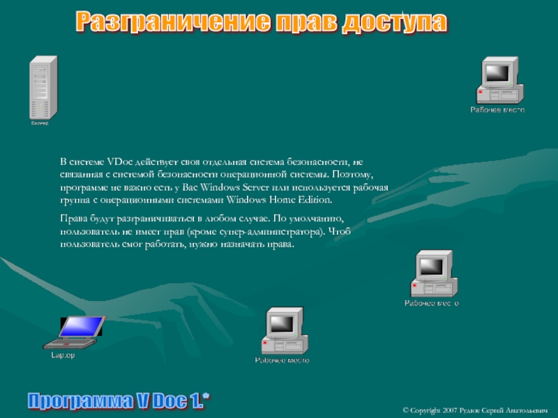 Программа V Doc 1.*© Copyright 2007 Рудюк Сергей АнатольевичРазграничение прав доступаВ системе VDoc действует своя