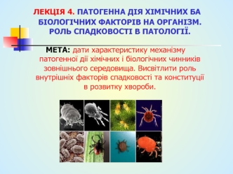 Патогенна дія хімічних та біологічних факторів на організм. Роль спадковості в патології. (Лекція 4)