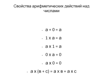 а + 0 = а
1 х а = а
а х 1 = а
0 х а = 0
а х 0 = 0
а х (в + с) = а х в + а х с