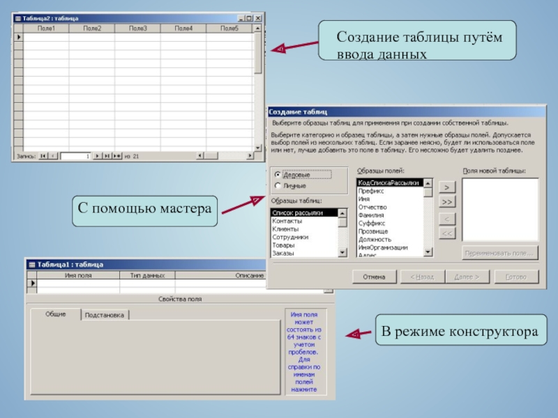 Создание таблицы. Создание таблицы путем ввода данных. Таблица в режиме ввода данных. Создание таблицы путем ввода данных access. Создание таблиц с помощью конструктора.