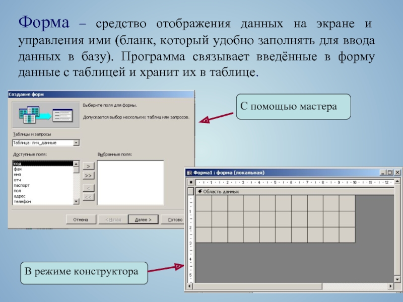 Отображена информация. Средство отображения данных на экране и управление ими это. Формы отображение данных. Формы это средства для ввода данных. Форма вывода информации на экран БД.