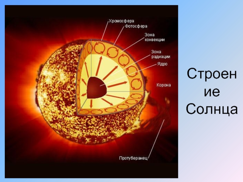 Руководствуясь схемой строения солнца укажите названия