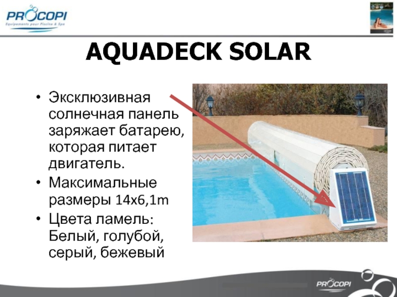 AQUADECK SOLAR Эксклюзивная солнечная панель заряжает батарею, которая питает двигатель.Максимальные размеры