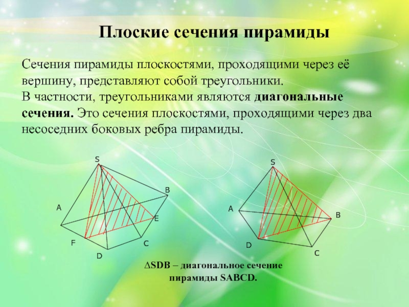 Сечение пирамиды плоскостью перпендикулярной боковой стороне. Диагональное сечение пирамиды пирамиды. Диагональное сечение пятиугольной пирамиды. Плоские сечения пирамиды. Сечение треугольной пирамиды плоскостью.