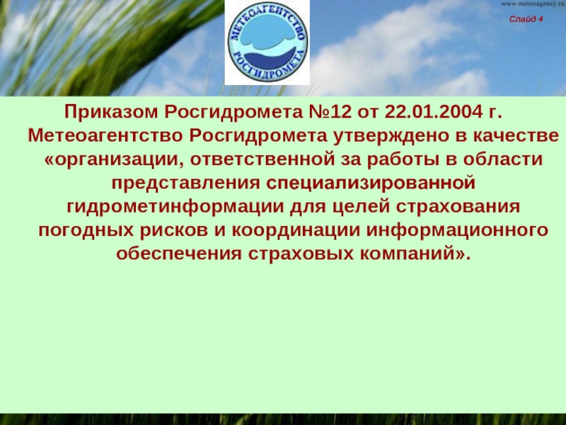 Приказом Росгидромета №12 от 22.01.2004 г. Метеоагентство Росгидромета утверждено в качестве
