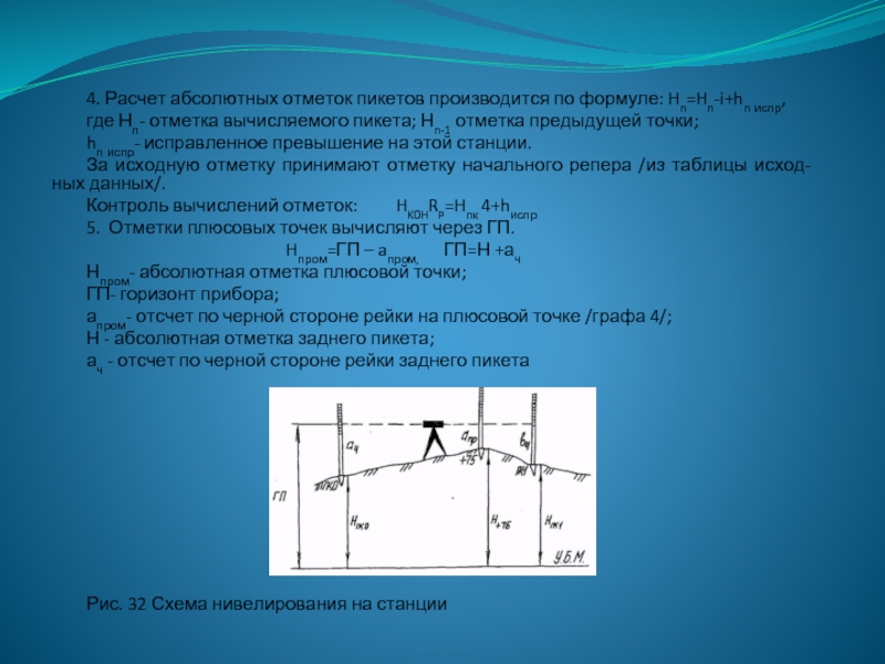 Абсолютная отметка. Вычисление абсолютных отметок. Вычисление отметки пикета по формулам. Геодезические вычисления.