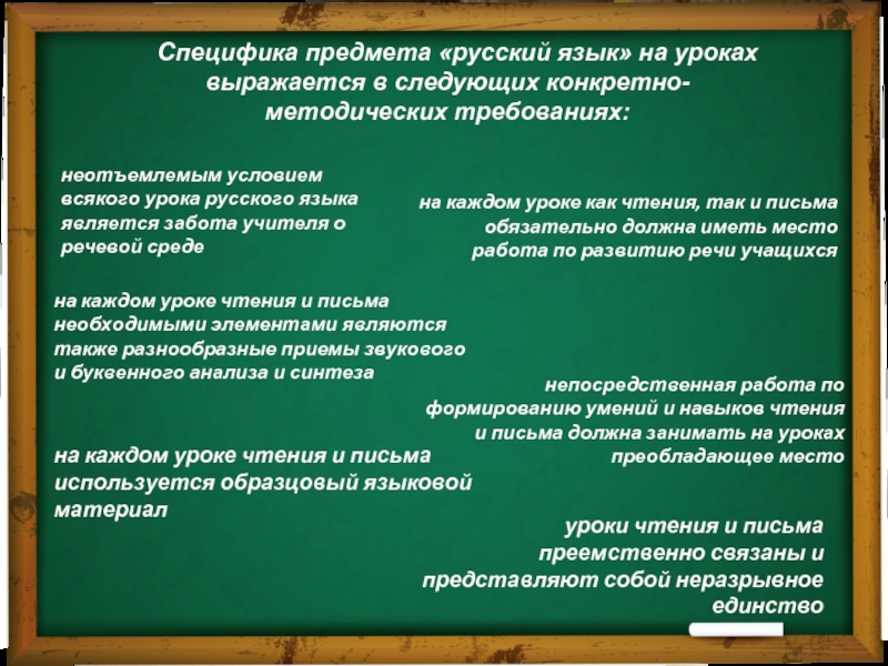 Специфика предмета «русский язык» на уроках выражается в следующих конкретно-методических требованиях: неотъемлемым условием всякого урока русского языка
