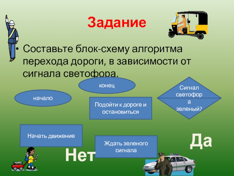 4 составляющие задачи. Задания на алгоритмы. Алгоритм перехода дороги. Блок схема алгоритма перехода дороги. Составить блок схему перехода дороги.