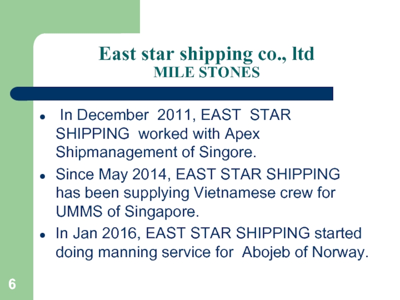 East star shipping co., ltd MILE STONES In December 2011, EAST