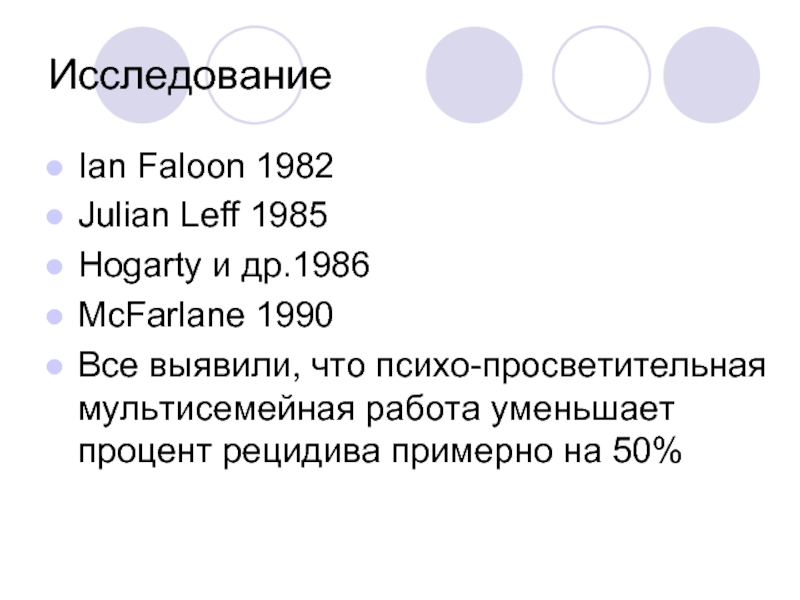 Исследование Ian Faloon 1982 Julian Leff 1985 Hogarty и др.1986 McFarlane 1990
