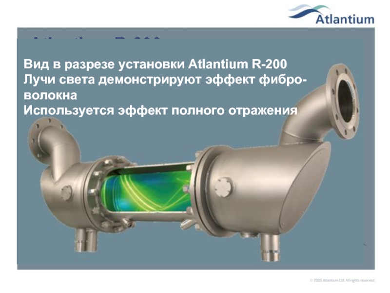 Atlantium R-200 Вид в разрезе установки Atlantium R-200 Лучи света демонстрируют эффект фибро-волокна  Используется эффект полного