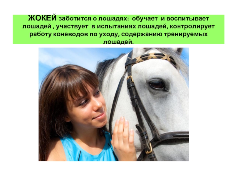 ЖОКЕЙ заботится о лошадях:  обучает и воспитывает лошадей , участвует в испытаниях