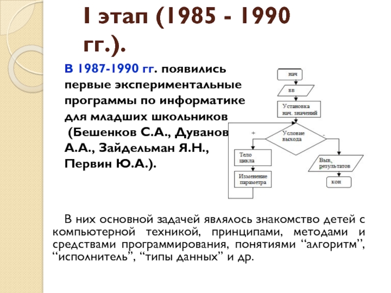 В 1987-1990 гг. появились  первые экспериментальные  программы по информатике  для младших школьников  (Бешенков