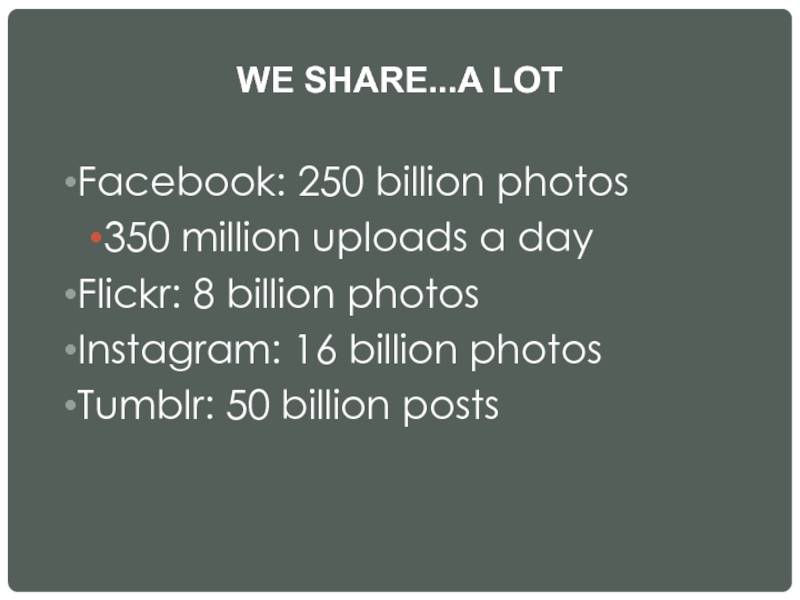 WE SHARE...A LOT Facebook: 250 billion photos 350 million uploads a day