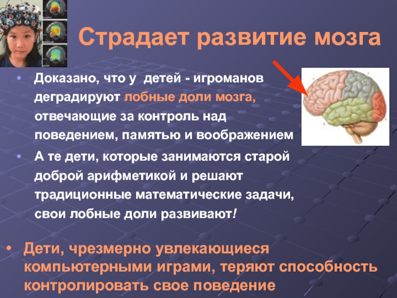 Страдает развитие мозга Доказано, что у детей - игроманов деградируют лобные доли мозга, отвечающие за контроль над