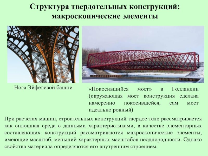 Структура твердотельных конструкций: макроскопические элементы Нога Эйфелевой башни «Покосившийся мост» в Голландии (окружающая мост конструкция сделана намеренно