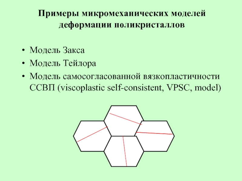 Примеры микромеханических моделей деформации поликристаллов Модель Закса Модель Тейлора Модель самосогласованной вязкопластичности ССВП (viscoplastic self-consistent, VPSC, model)