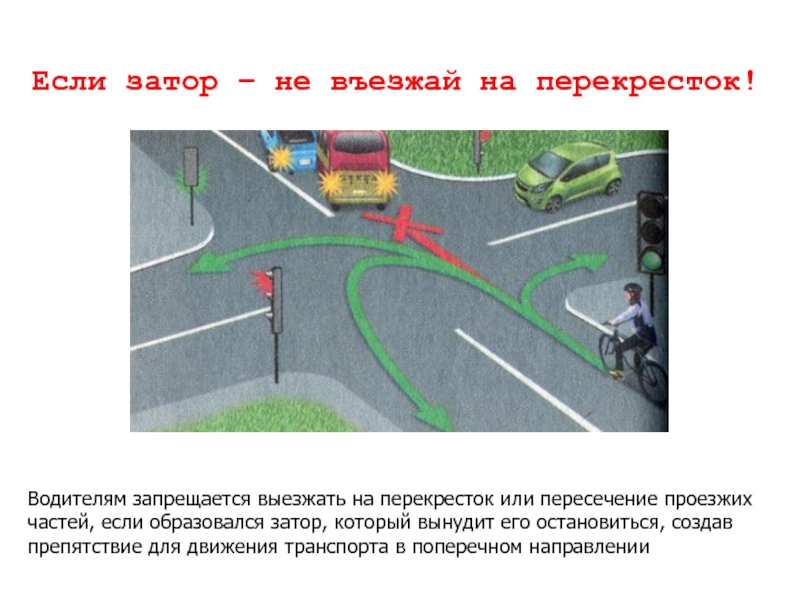 Водителям запрещается выезжать на перекресток или пересечение проезжих частей, если образовался затор, который вынудит его остановиться, создав