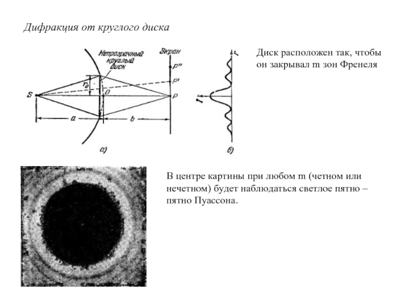 Непрозрачный диск закрывает небольшое число зон френеля в центре дифракционной картины наблюдается
