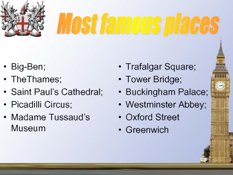 Most famous places  Big-Ben; TheThames; Saint Paul’s Cathedral; Picadilli Circus; Madame Tussaud’s Museum Trafalgar Square; Tower