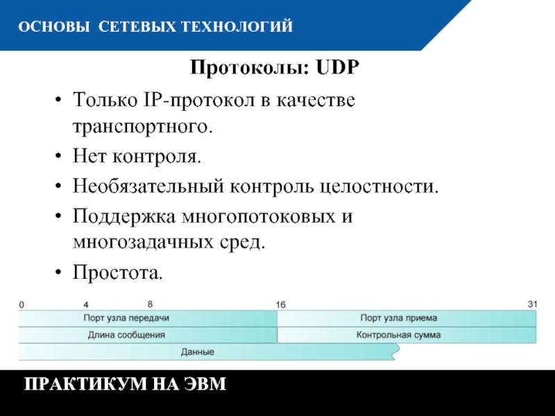 К  ОСНОВЫ СЕТЕВЫХ ТЕХНОЛОГИЙ ПРАКТИКУМ НА ЭВМ Протоколы: UDP Только IP-протокол в качестве транспортного. Нет