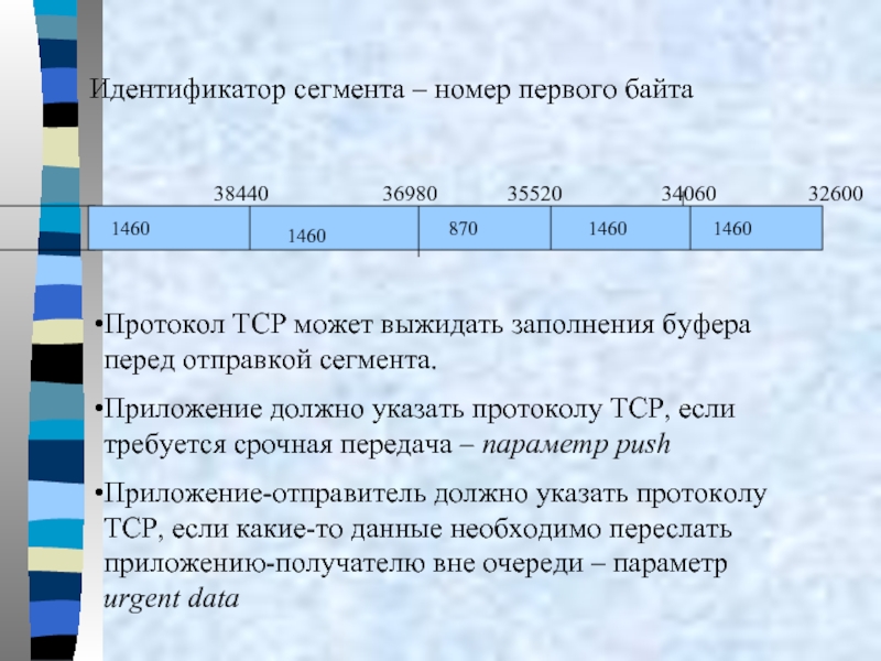 Идентификатор сегмента – номер первого байта 32600 Протокол TCP может выжидать заполнения буфера перед отправкой сегмента.