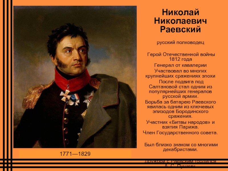 Раевский краткая биография. Герои Отечественной войны 1812.