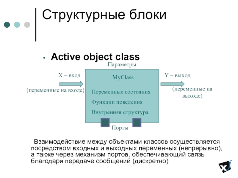Структурные блоки Active object class 	Взаимодействие между объектами классов осуществляется посредством входных и выходных переменных (непрерывно), а