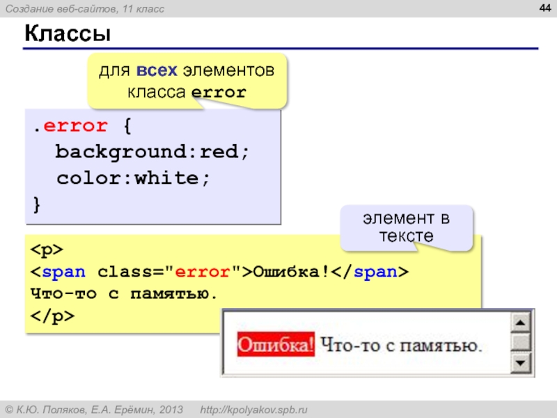 Span error. Создание веб сайтов 11 класс. Презентации Поляков создание веб сайтов. Ошибка класс. Создать команду фона для всех элементов класса Error.