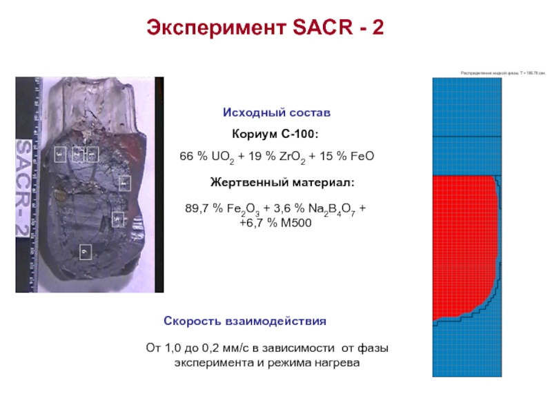 Эксперимент SACR - 2 Кориум С-100: 66 % UO2 + 19 % ZrO2 + 15 % FeO  Жертвенный материал:
